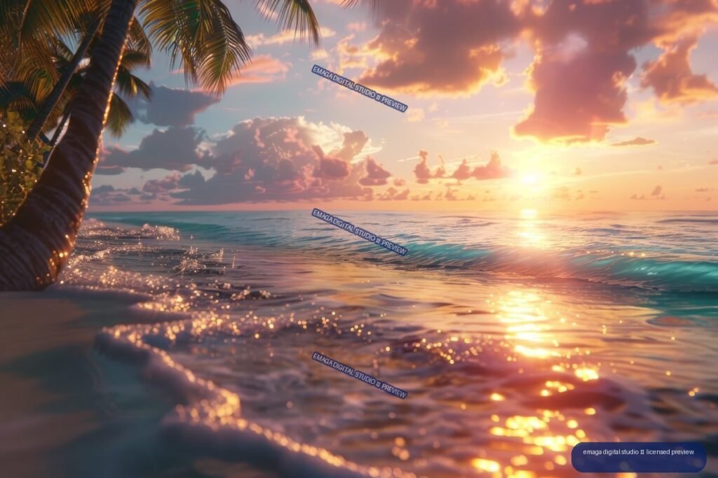 Tropical beach with palm trees framing a glowing sun over reflective ocean waves beneath pastel clouds.