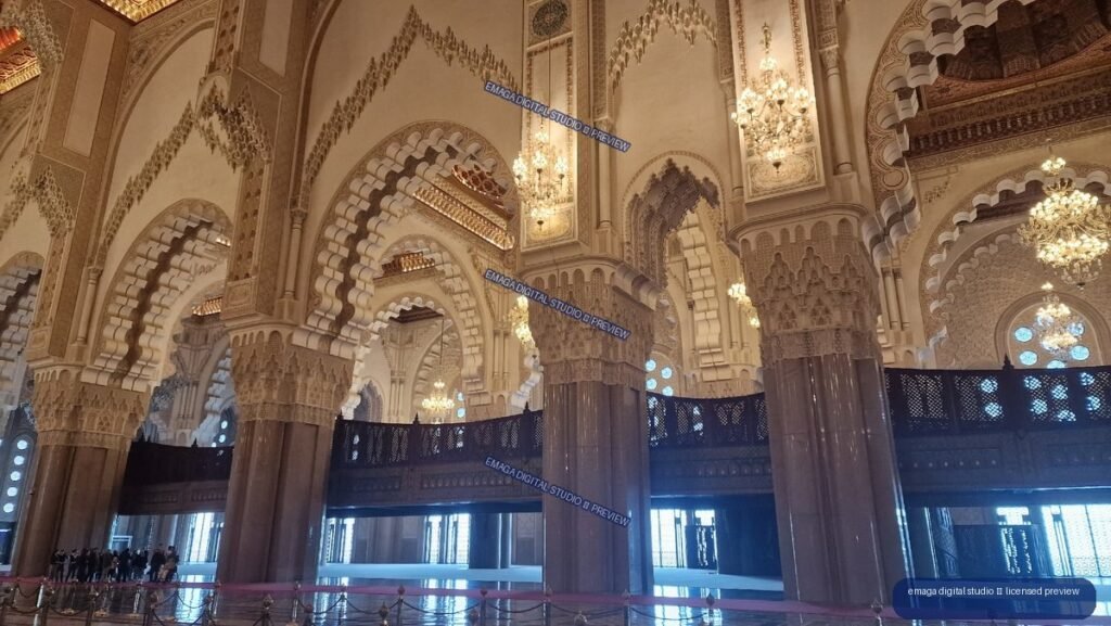 Ornate Mosque Interior with Arches and Chandeliers in Casablanca, Morocco