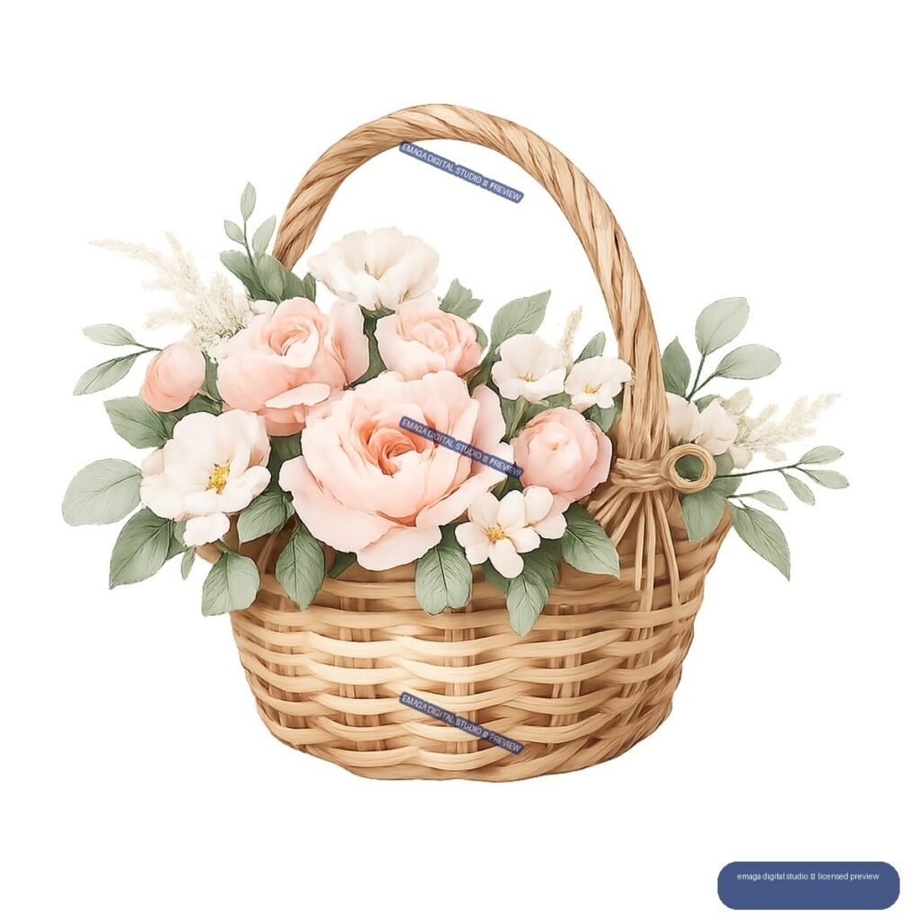 Woven basket filled with peach roses, white flowers, green leaves, and pale foliage, shown as an isolated illustration.