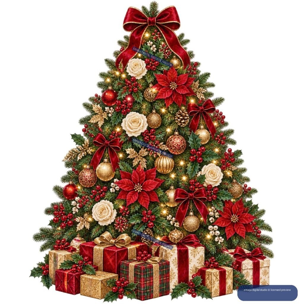 Ornamented Christmas tree with red bows, flowers, lights, baubles, berries, and wrapped presents beneath it.