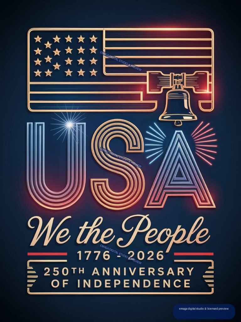 Neon-style Americana poster with an American flag, Liberty Bell, large USA letters, and text reading We the People, 1776–2026, and 250th Anniversary of Independence.