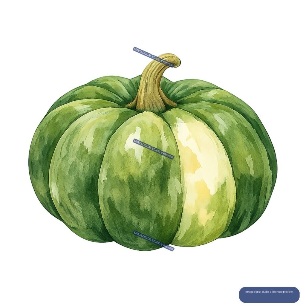 Watercolor-style illustration of a single green ribbed pumpkin with a tall curved stem.