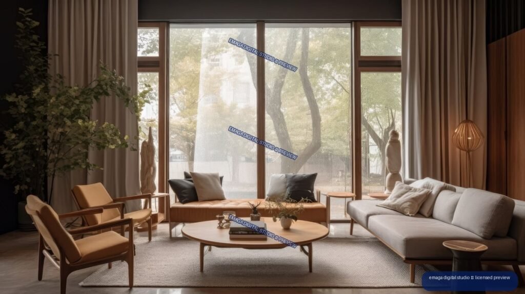 Warm minimalist living room with sofas, lounge chairs, a low wooden coffee table, plants, and large windows overlooking trees.