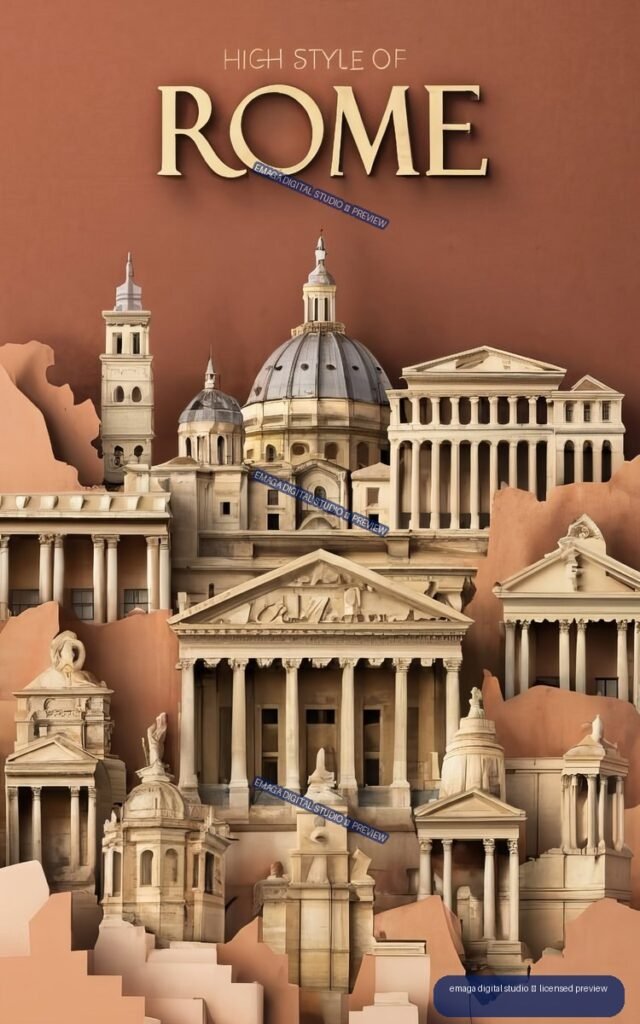 Vertical poster reading “HIGH STYLE OF ROME” above a collage of Roman domes, temples, columns, towers, and statues on a terracotta-brown background.