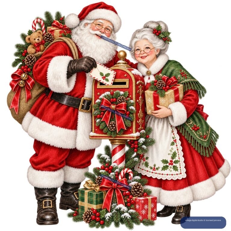 Watercolor Santa and Mrs. Claus with Decorated Mailbox and Gifts - No. 001517