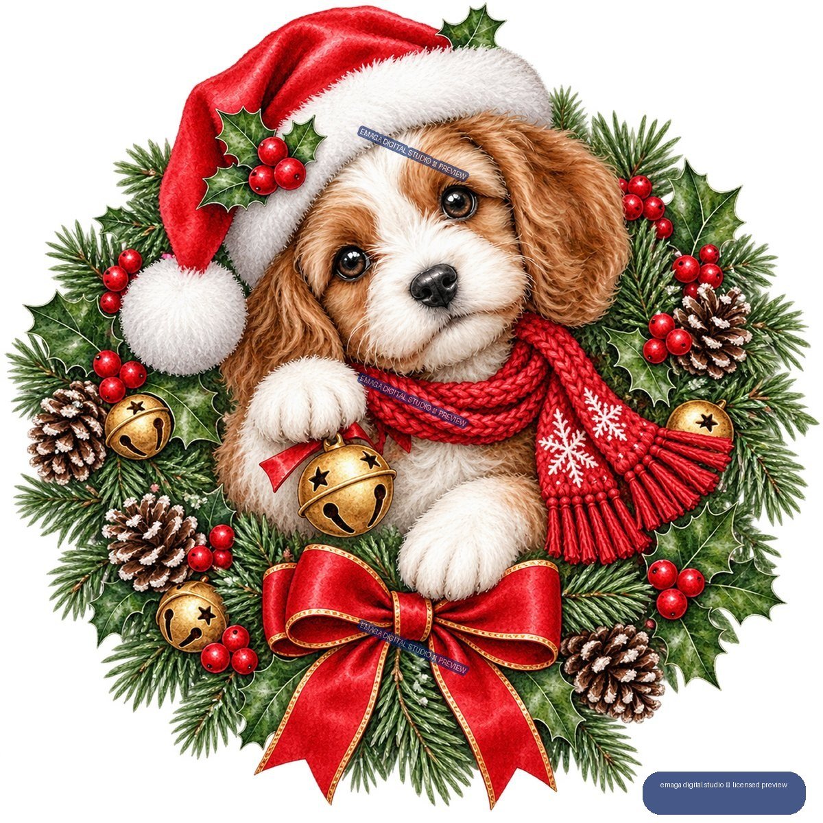 Brown-and-white puppy in a Santa hat and red scarf, surrounded by evergreen branches, holly, berries, pinecones, bells, and a red bow.