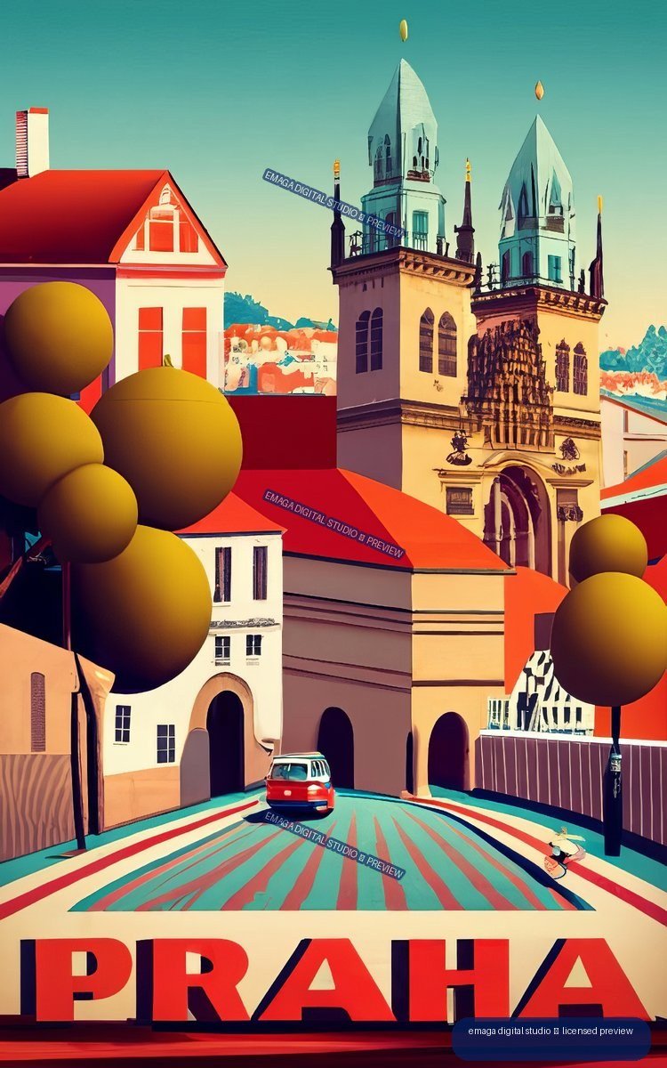 Stylized Prague street scene with ornate church towers, a red car, colorful buildings, trees, and large PRAHA lettering.