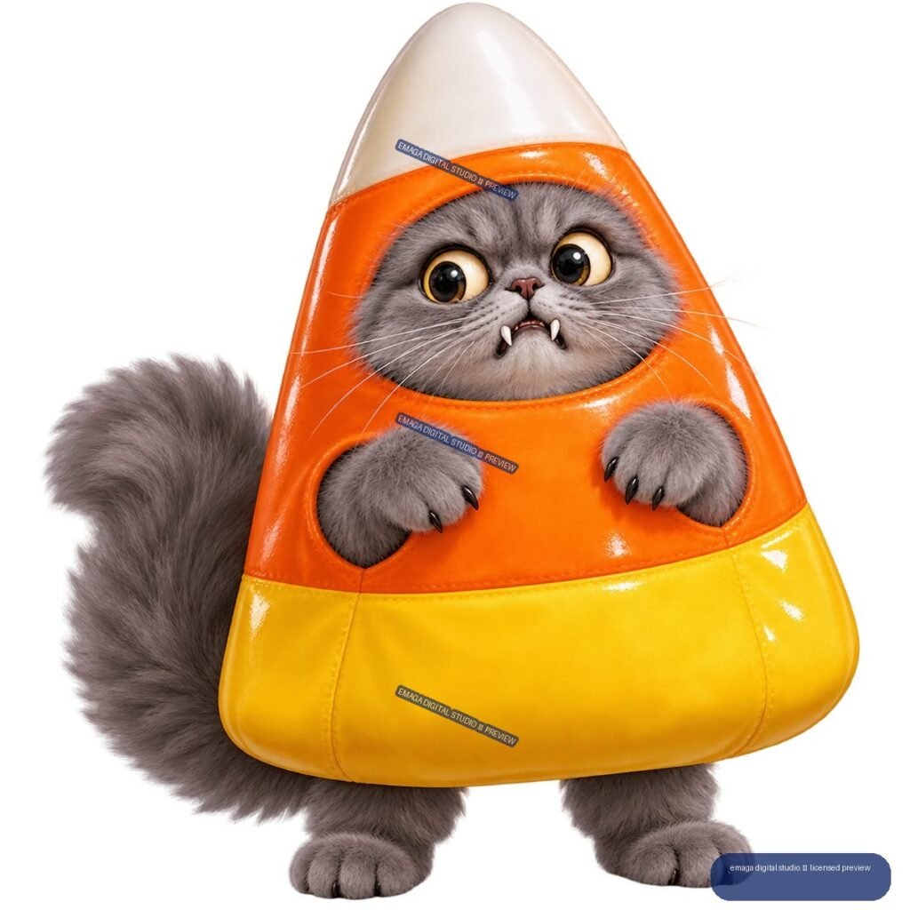 Gray cat with wide eyes and fangs wearing an orange and yellow candy corn Halloween costume, isolated.