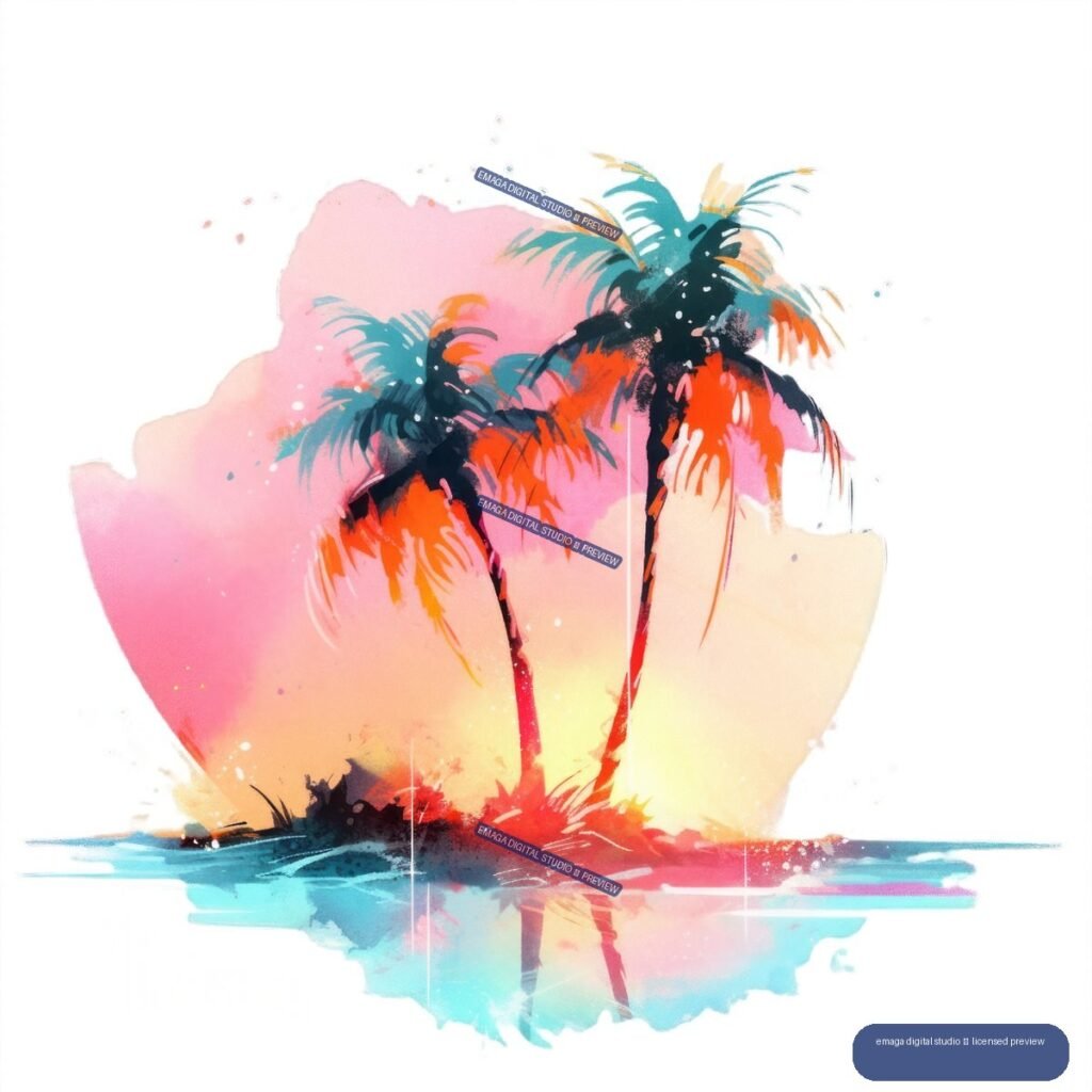 Vibrant watercolor-style sunset scene with silhouetted palm trees, colorful sky washes, shoreline, and turquoise reflections.
