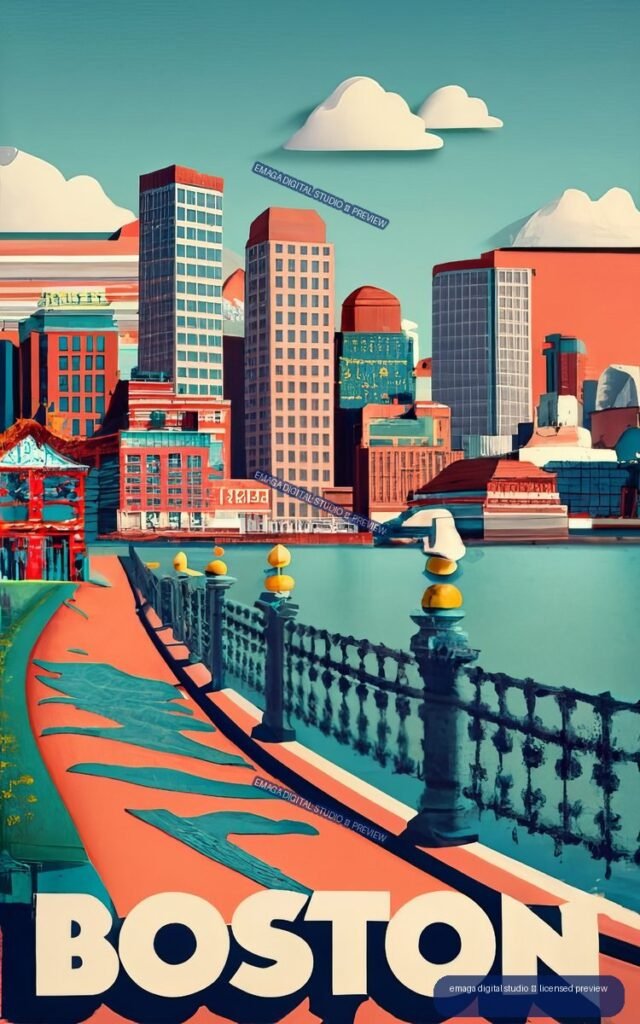 Colorful stylized Boston waterfront skyline with buildings, promenade, water, clouds, and large BOSTON lettering.