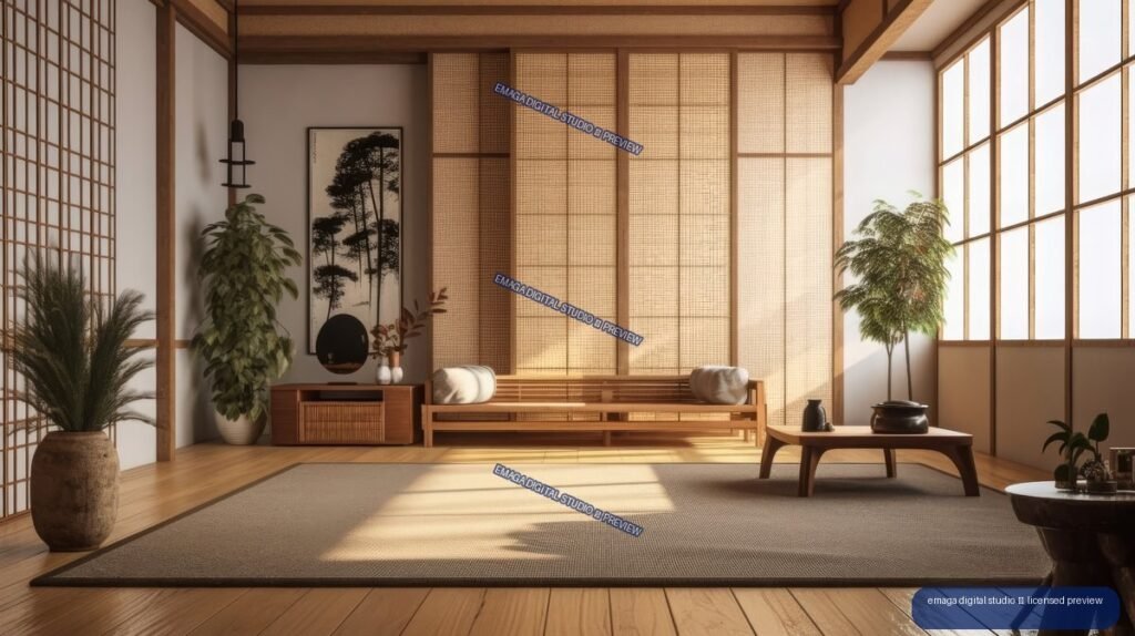 Sunlit Japandi living room with wooden floors, shoji screens, low seating, plants, and a neutral rug.