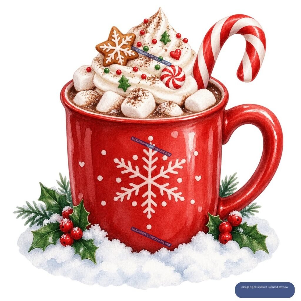 Watercolor red Christmas mug filled with whipped cream and marshmallows, topped with gingerbread, peppermint candy, and a candy cane, surrounded by holly and snow.