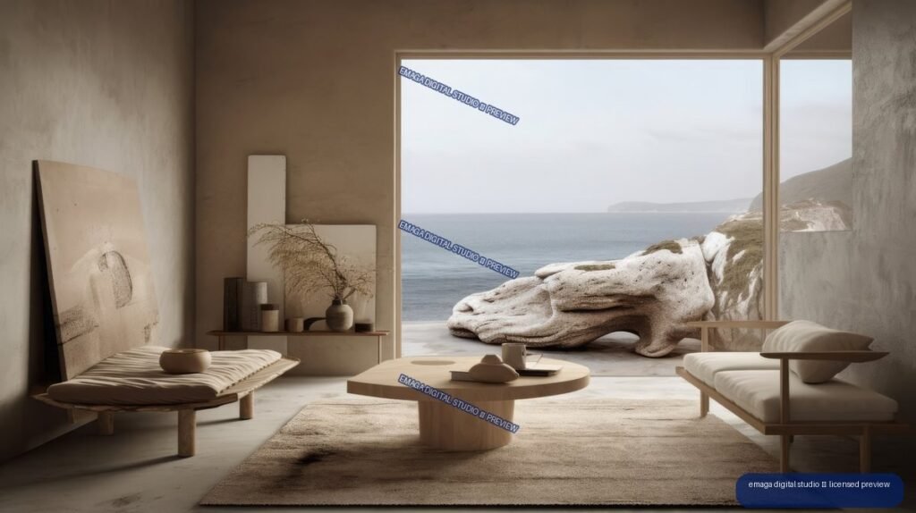 Minimalist beige living room with low wooden furniture and a round coffee table, opening onto a rocky coast and calm sea.