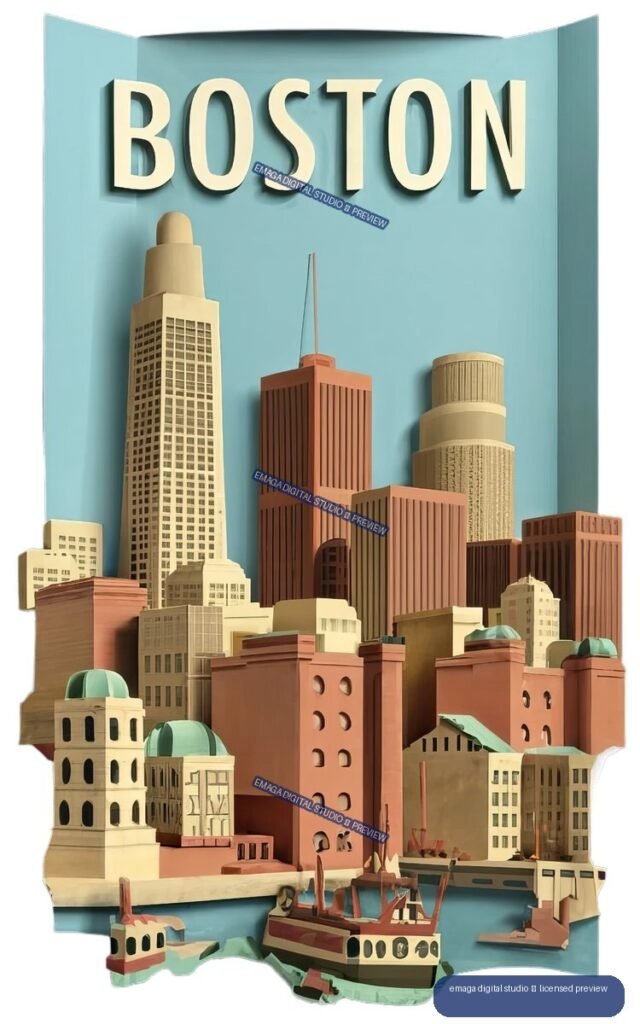 Layered paper-art Boston skyline with large BOSTON lettering, waterfront buildings, boats, and harbor.