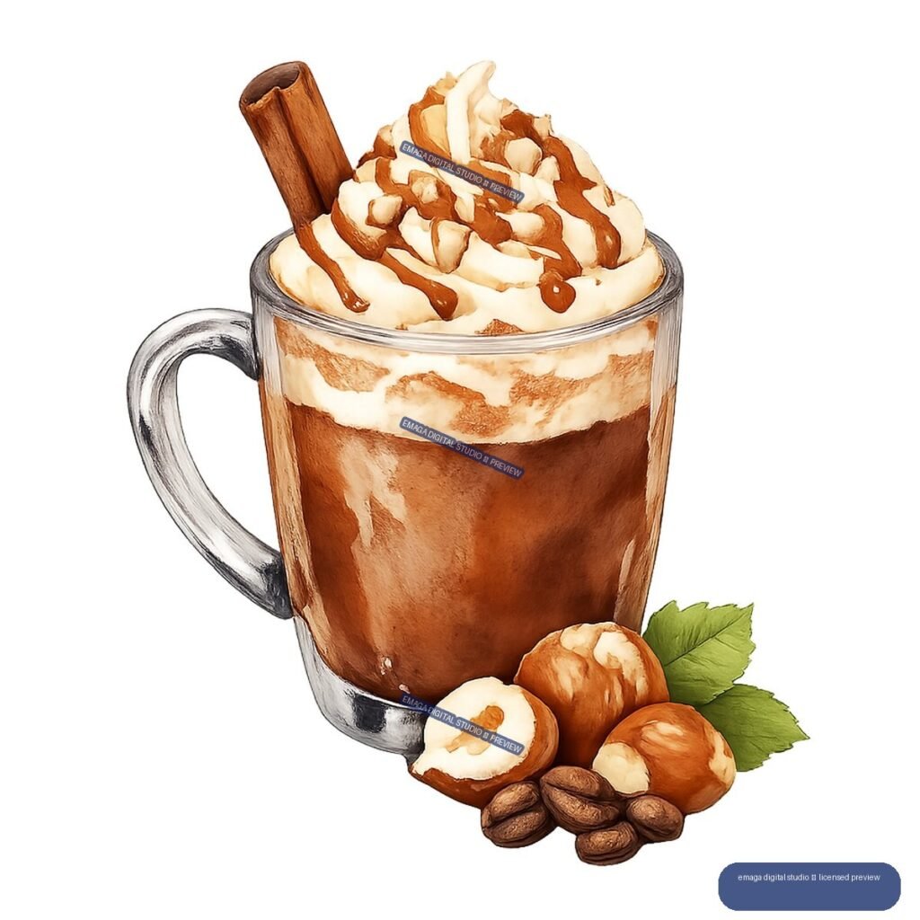 Watercolor illustration of a glass mug of whipped-cream-topped coffee with cinnamon, hazelnuts, coffee beans, and green leaves.