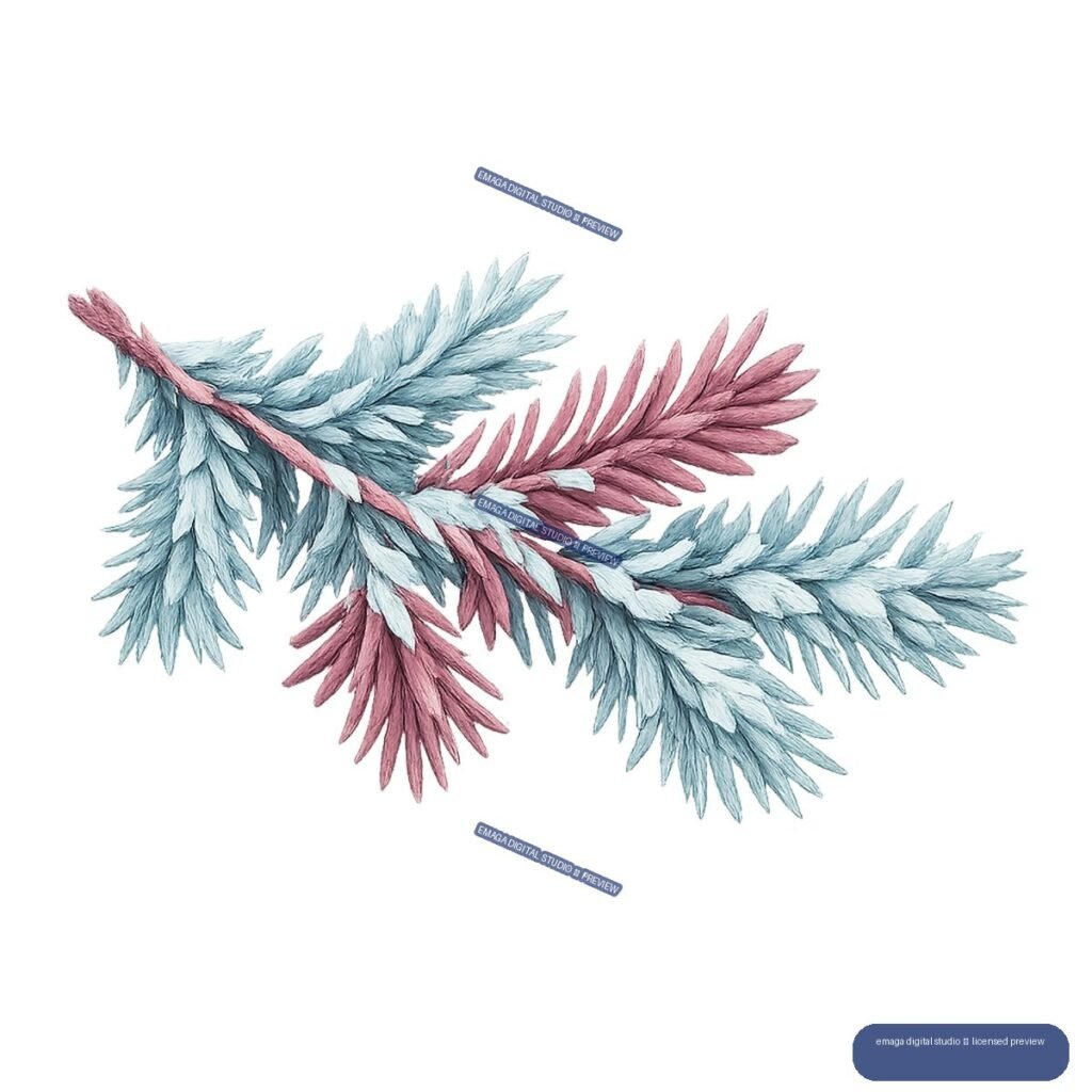 Overlapping blue and dusty rose evergreen branches with pointed needles, isolated on transparency.