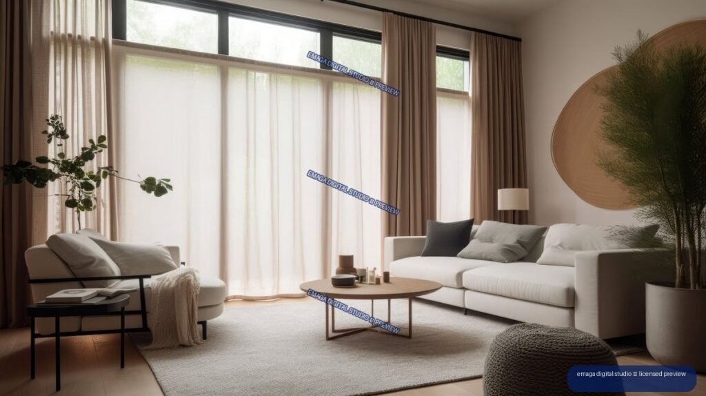 Minimalist Japandi living room with white seating, a low wooden coffee table, sheer curtains, plants, and warm natural light.