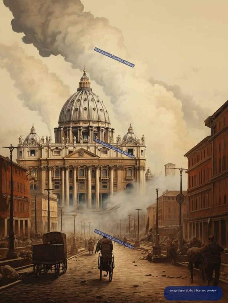 Sepia vintage-style illustration of St. Peter’s Basilica above a Roman street with pedestrians, carts, buildings, mist, and dramatic clouds.