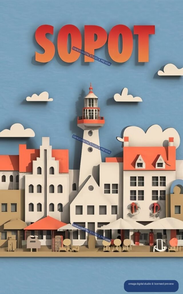 Stylized Sopot travel poster showing a lighthouse, waterfront buildings, café promenade, clouds, and large lettering against a blue sky.