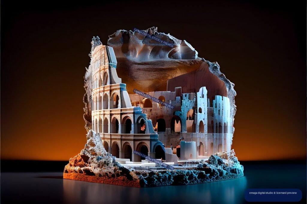 Cutaway sculptural depiction of Rome’s Colosseum with exposed arches and interior chambers on a rugged base, dramatically lit against a dark amber background.