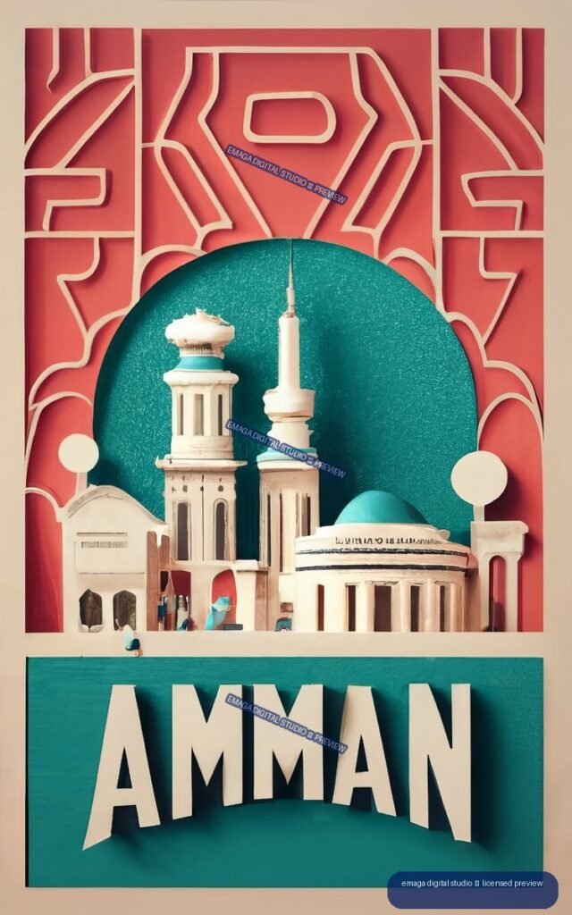 Stylized Amman poster with domes and towers, coral geometric framing, and large cream AMMAN lettering on turquoise.