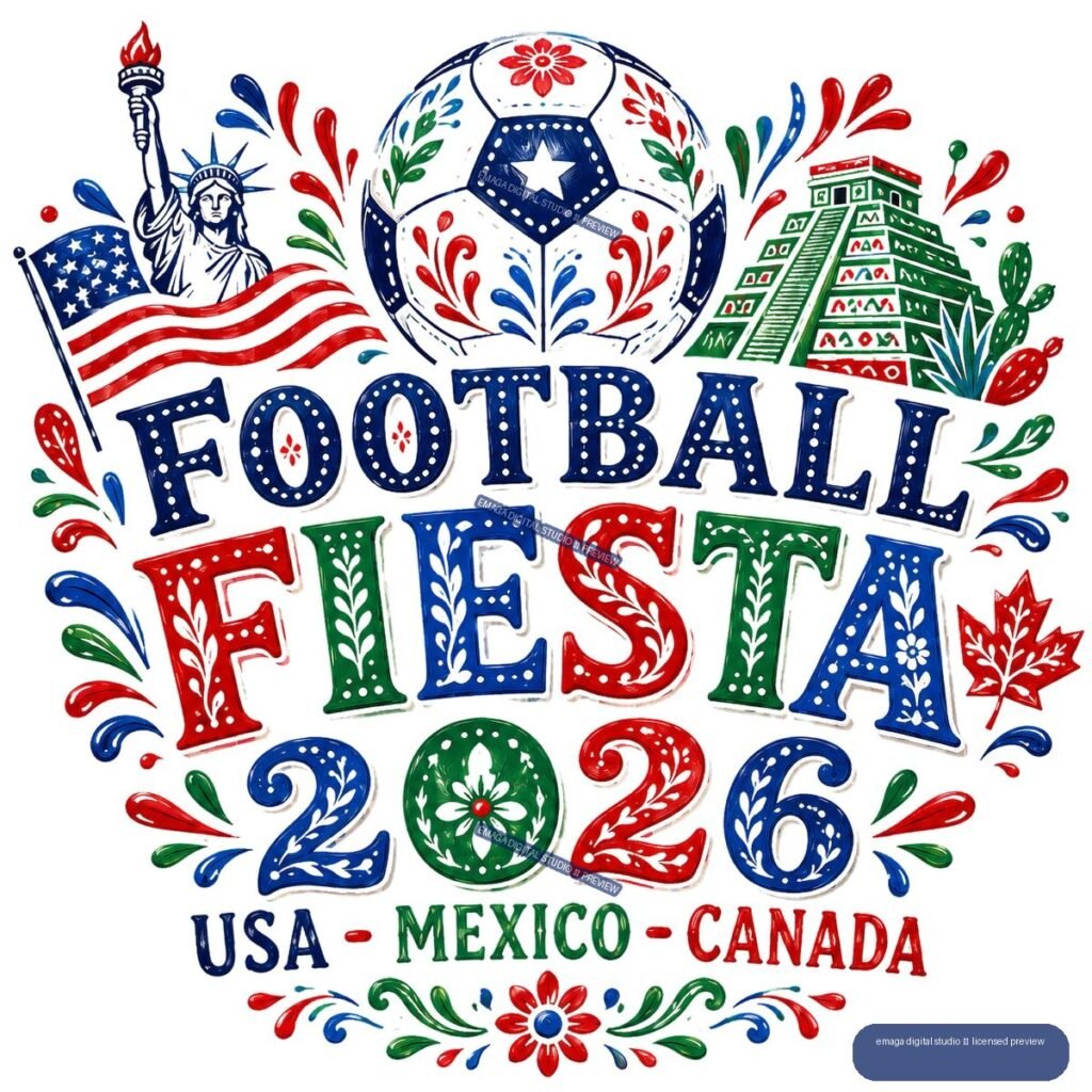 Colorful decorative football graphic reading “FOOTBALL FIESTA 2026 USA - MEXICO - CANADA,” with a patterned soccer ball, Statue of Liberty, American flag, Mexican pyramid, cacti, and Canadian maple leaf.