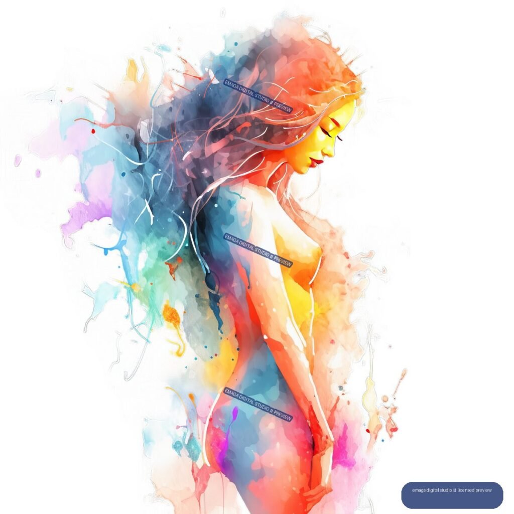 Stylized watercolor profile of a nude woman surrounded by vivid multicolored paint splashes and flowing hair