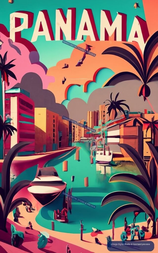 Colorful vertical poster reading PANAMA above a stylized tropical waterfront cityscape with palm trees, buildings, boats, birds, and vivid turquoise, coral, pink, and purple forms.