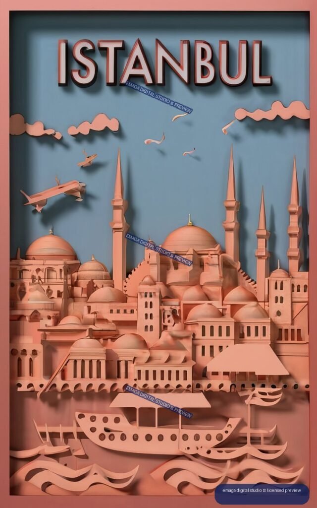 Stylized Istanbul poster with domes, minarets, boats, water, birds, and large ISTANBUL lettering.