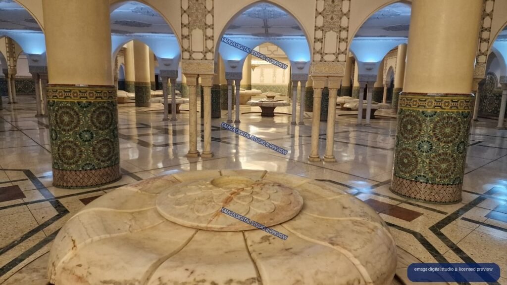 Ornate Interior with Mosaic Columns, Arches and Marble Fountain — Casablanca, Morocco