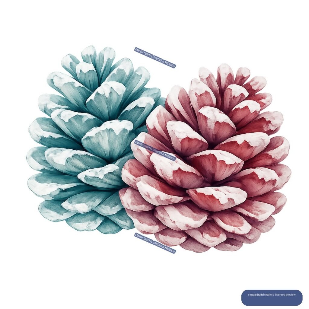 Two overlapping watercolor pine cones with snow-tipped scales, one teal and one burgundy.