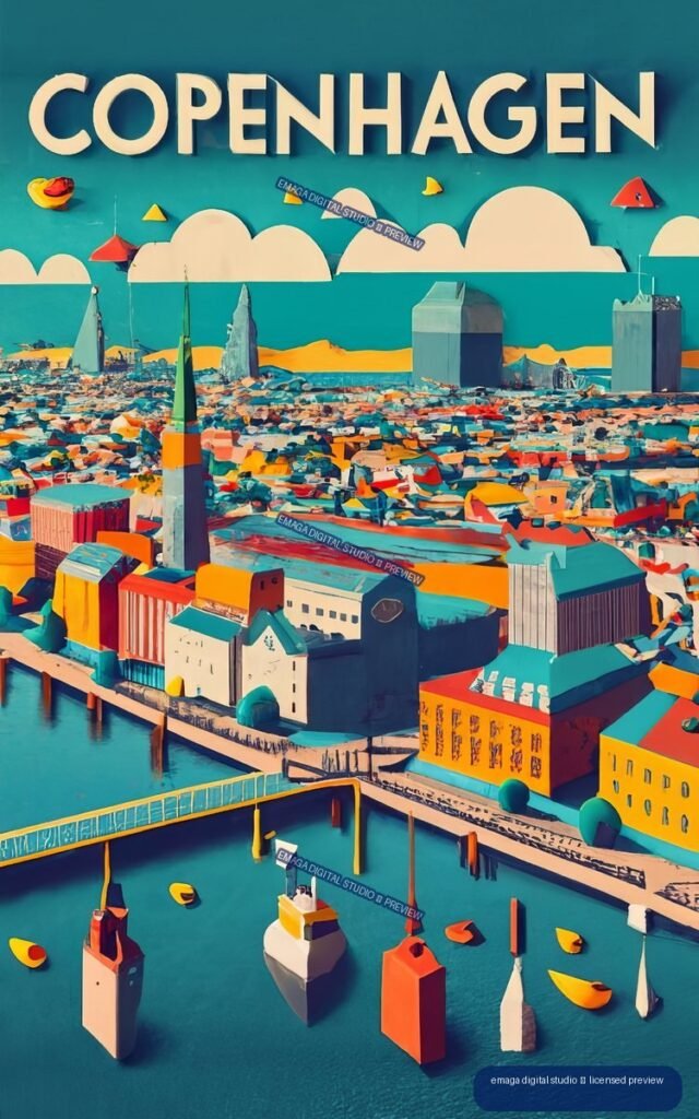 Stylized colorful poster of Copenhagen harbor with boats, waterfront buildings, skyline, and large COPENHAGEN lettering.