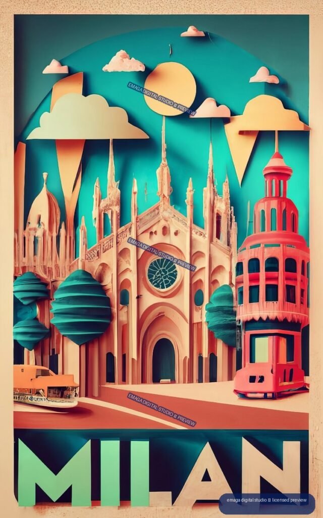 Stylized Milan poster showing a Gothic cathedral, red tram, rounded building, clouds, sun, and cropped MILAN lettering.