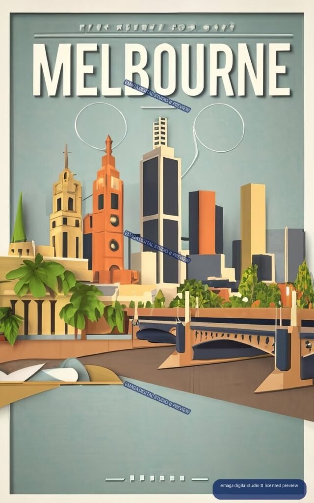 Layered paper-art poster of Melbourne with colorful geometric skyscrapers, a bridge, greenery, waterfront, and large MELBOURNE lettering.