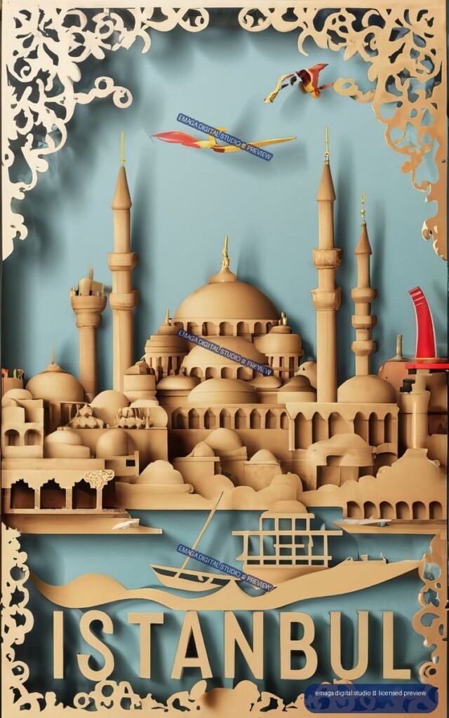 Stylized Istanbul travel poster with a domed mosque, minarets, boats, bridge, ornate border, and large ISTANBUL lettering.