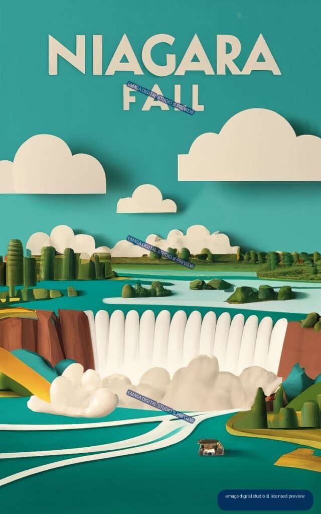 Stylized turquoise travel poster reading “NIAGARA FALL” above a simplified waterfall landscape with clouds, trees, rocks, and layered cliffs.