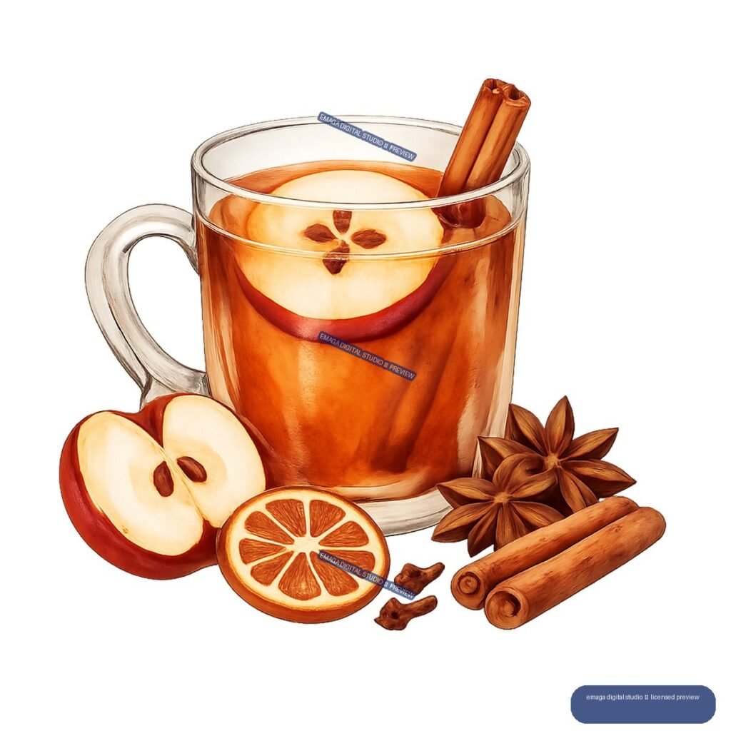 Illustration of a glass mug of amber hot drink with an apple slice, cinnamon sticks, citrus slice, star anise, and cloves arranged around it.