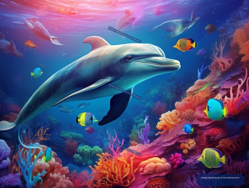 Large dolphin swimming above a colorful coral reef, surrounded by tropical fish and distant marine animals.