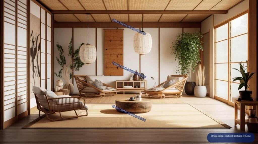 Warm Japandi living room with shoji screens, tatami mats, rattan chairs, pendant lamps, plants, and low wooden tables.