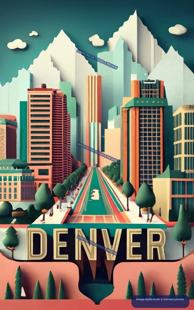 Colorful stylized Denver skyline with mountains, central avenue, trees, and large DENVER lettering.