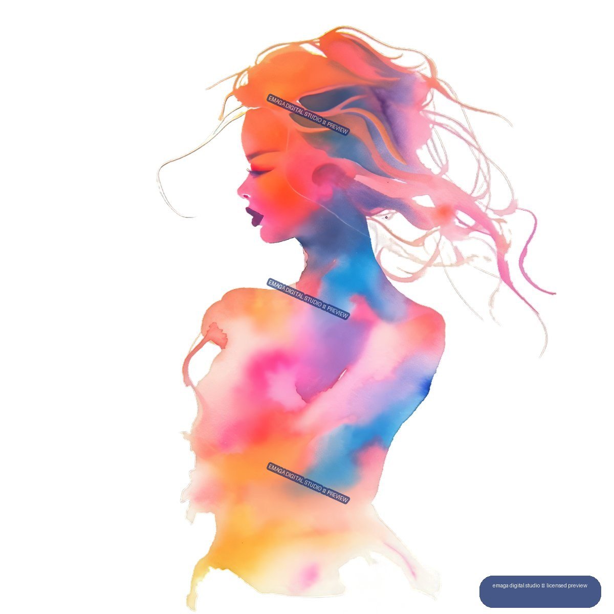Stylized watercolor portrait of a female figure in left-facing profile with flowing hair and multicolored washes across her exposed upper torso.