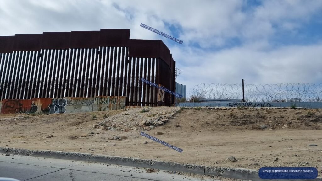 Border barrier with razor wire, graffiti, and sandy roadside — Tijuana, Mexico