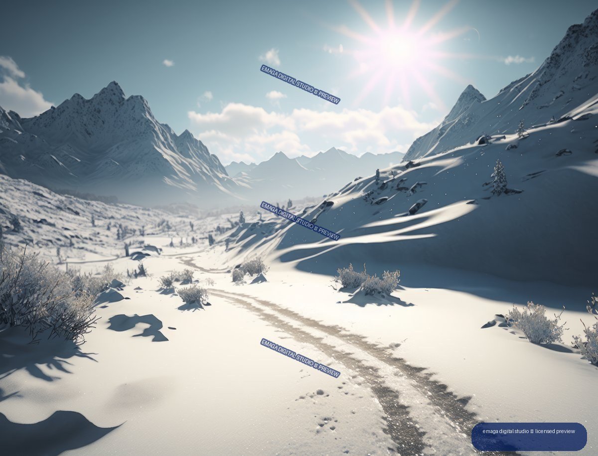 Snow-covered mountain valley with a winding track, steep peaks, scattered shrubs, and bright sun in a blue sky.