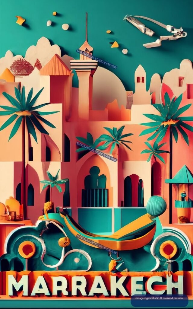 Stylized colorful Marrakech poster with terracotta buildings, palm trees, a central tower, abstract figures, and the word MARRAKECH at the bottom.