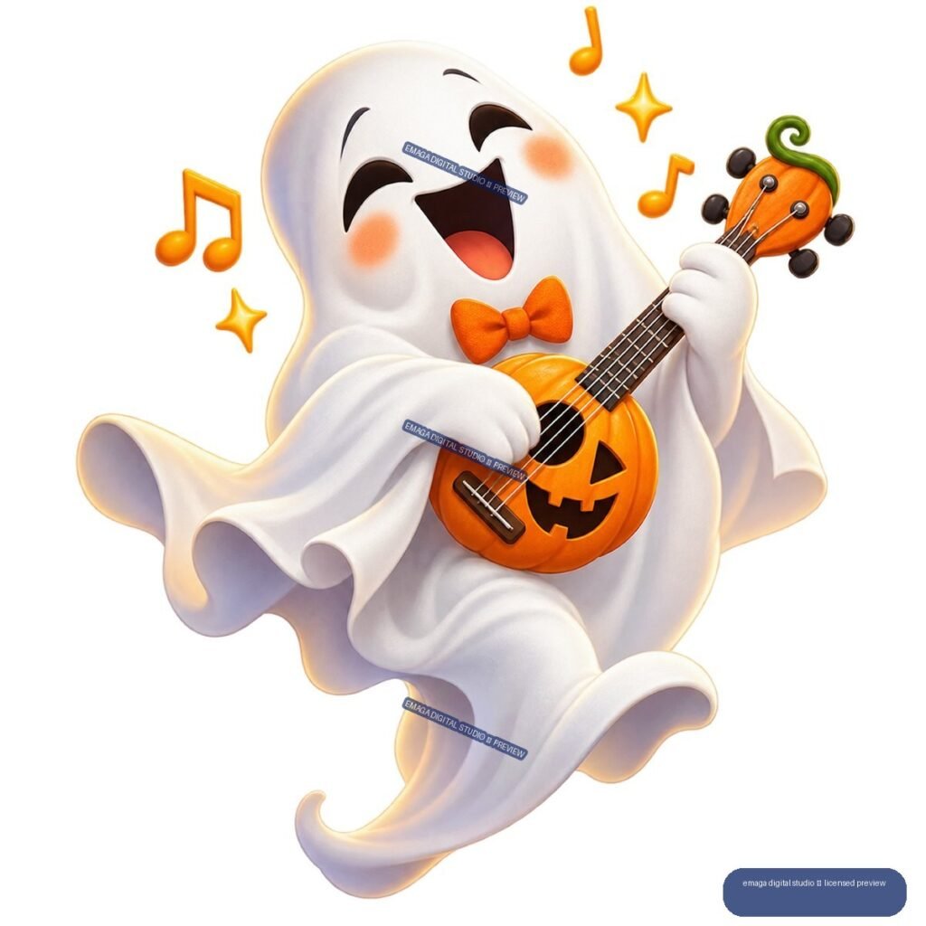 Smiling white Halloween ghost with an orange bow tie playing a pumpkin-shaped guitar, surrounded by orange musical notes and stars.