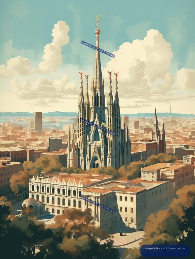 Stylized view of a tall Gothic basilica with multiple spires above Barcelona’s cityscape, beneath large clouds and a turquoise sky.