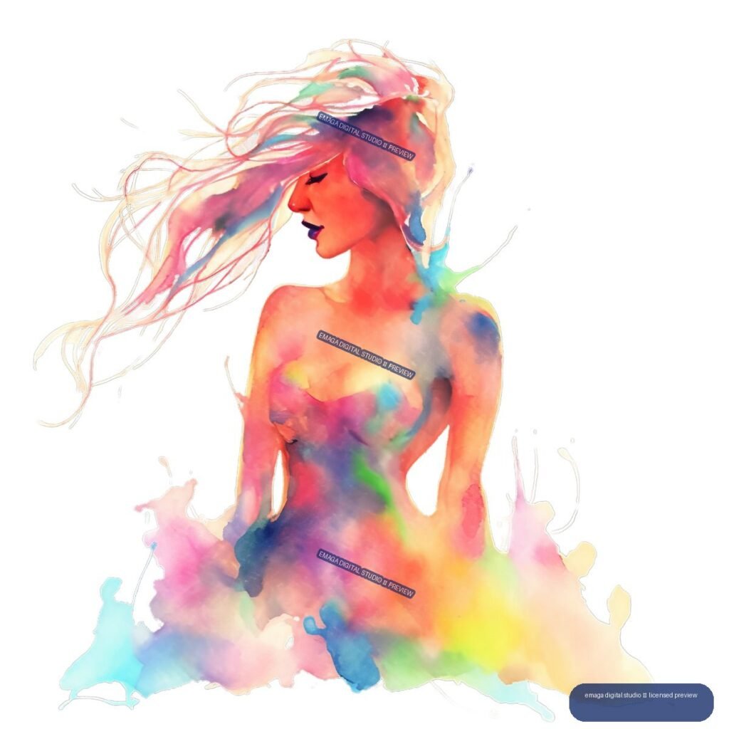 Colorful watercolor-style profile of a nude feminine figure with flowing hair and an abstract multicolored lower silhouette.