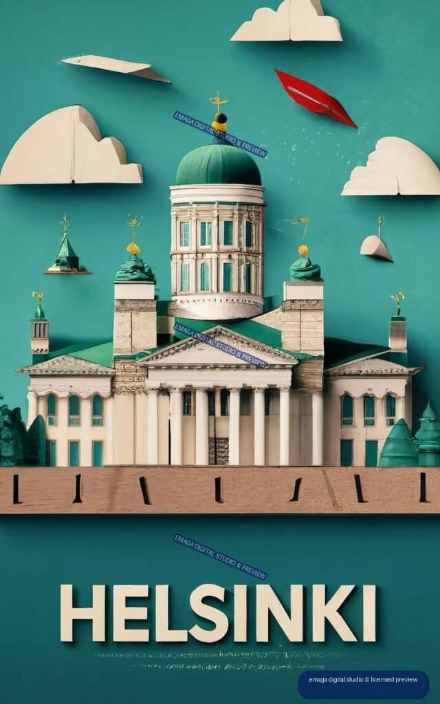Stylized Helsinki poster with classical buildings, a domed structure, clouds, abstract flying forms, and large cream “HELSINKI” lettering on a turquoise background.
