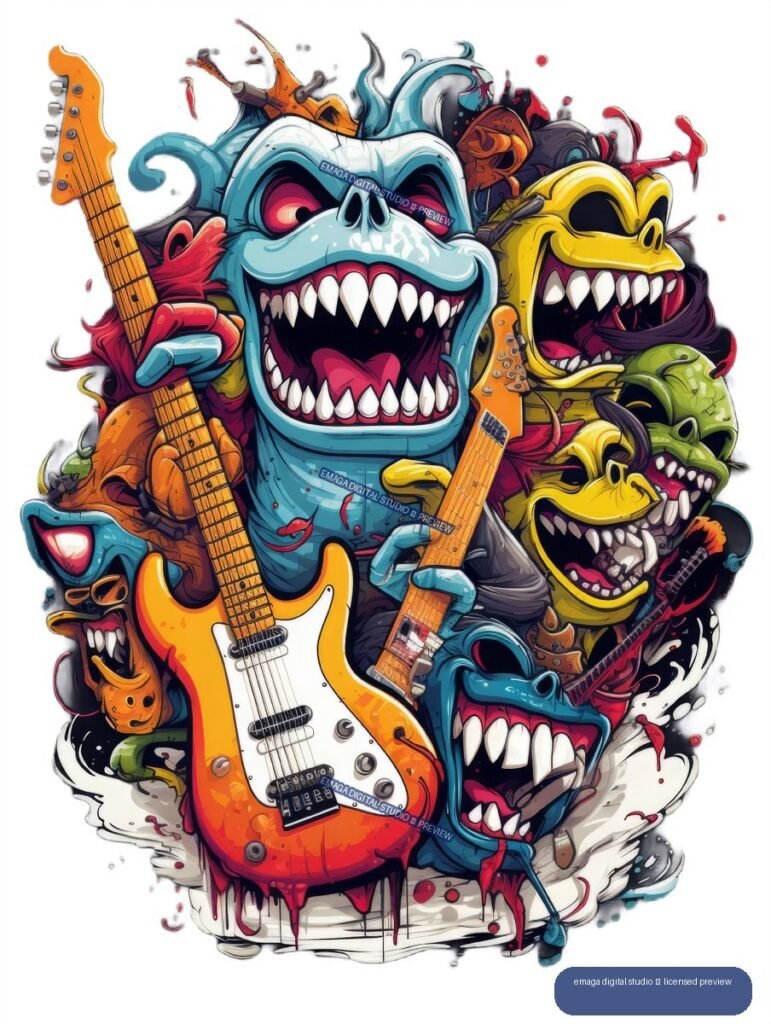 Colorful cartoon monsters with sharp teeth surrounding and playing electric guitars.