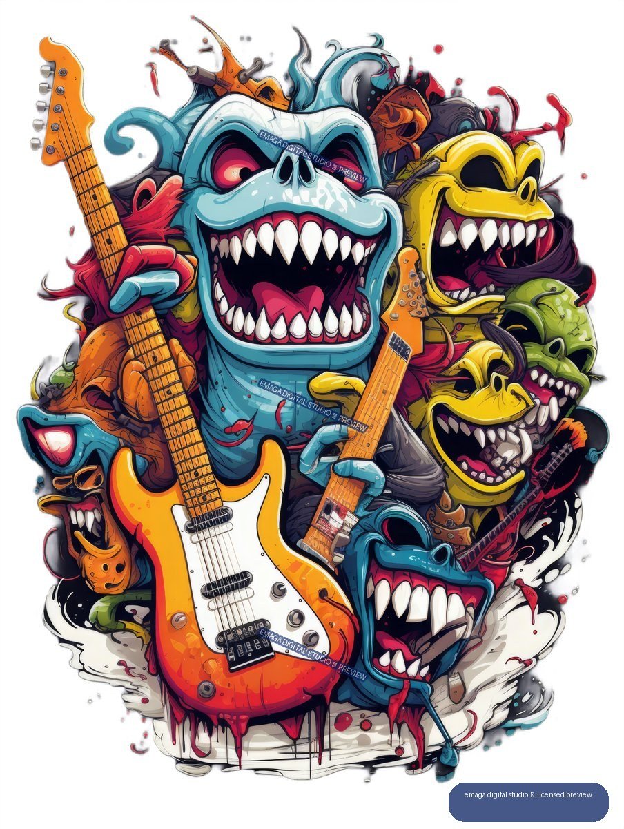 Colorful cartoon monsters with sharp teeth surrounding and playing electric guitars.